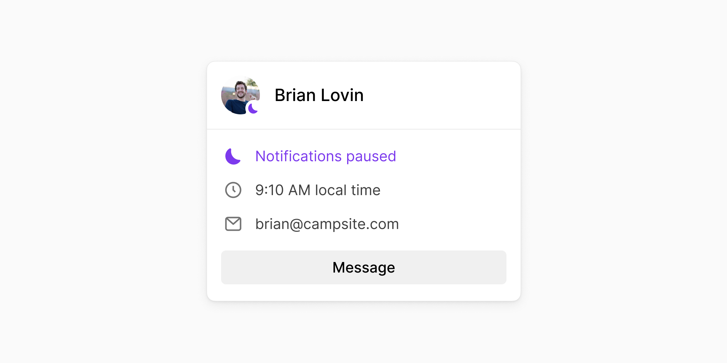 A screenshot of a team member’s hovercard that shows their notifications are paused