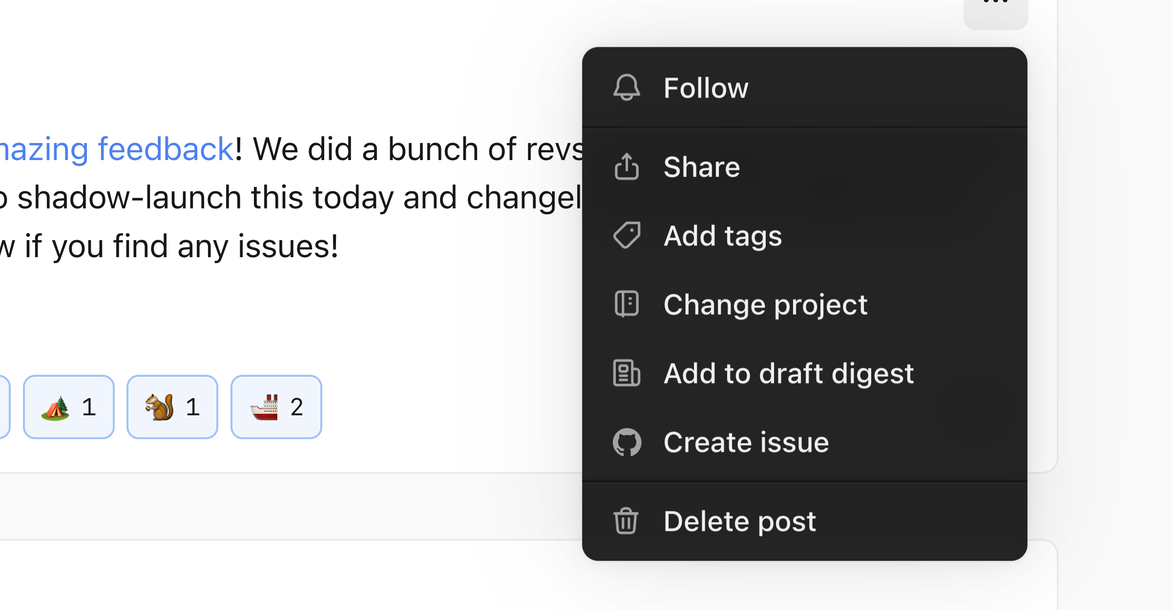 Find the option to create a GitHub issue from any post or comment dropdown